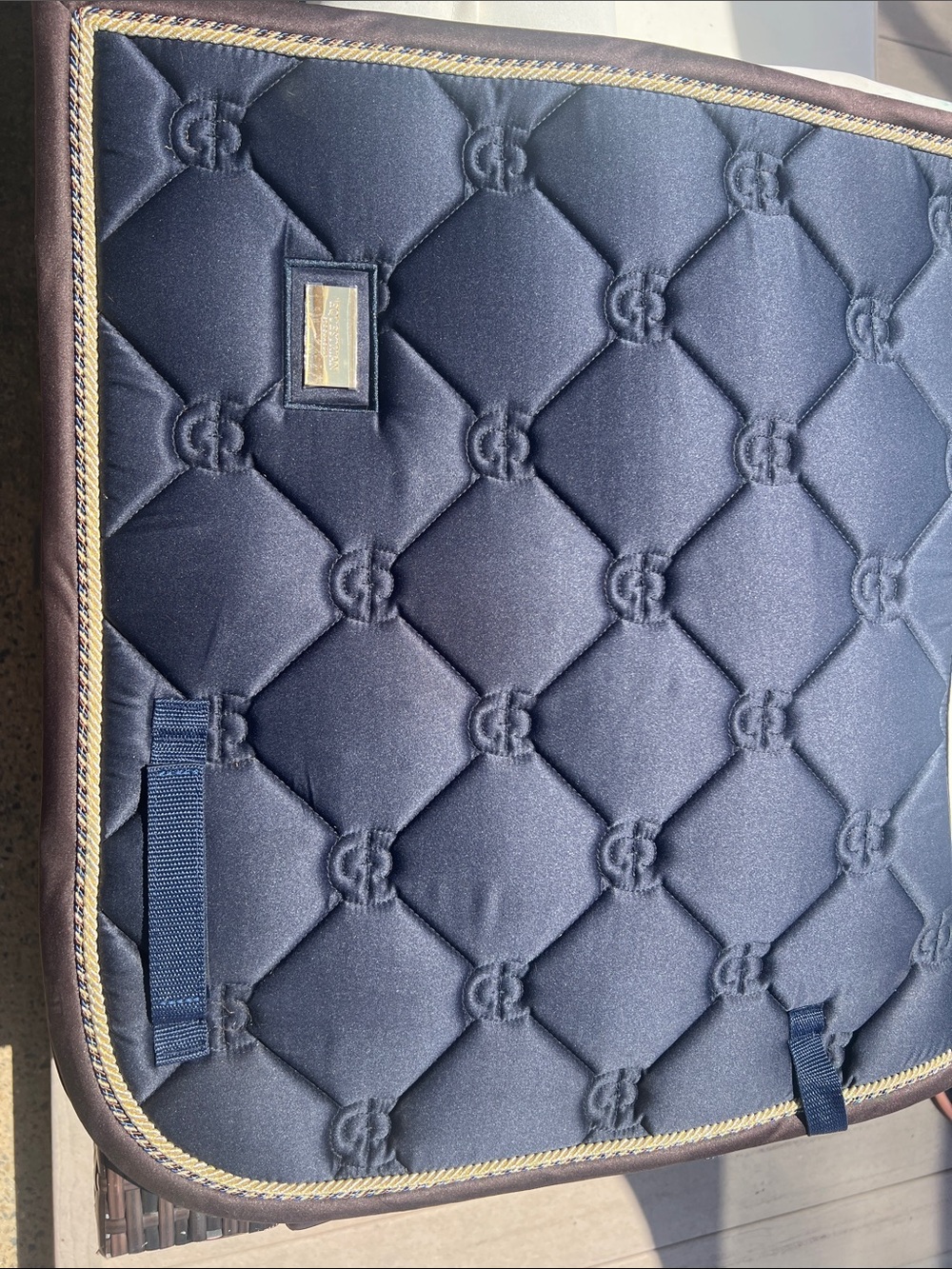 Equestrian Stockholm Navy Quilted Saddle Pad with Gold Braid black trim